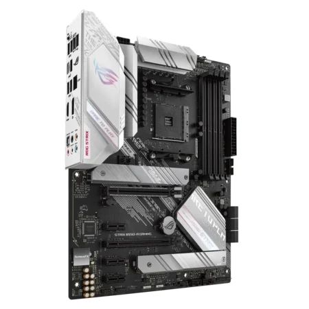 ASUS ROG STRIX B550-A GAMING Motherboard - Angled View highlighting white aesthetic