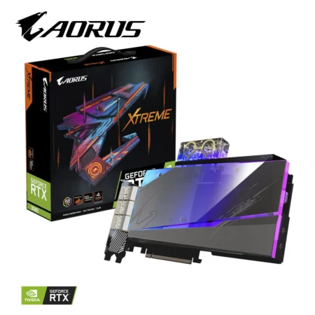 GIGABYTE AORUS GeForce RTX 3080 XTREME WATERFORCE WB 12GB shown next to its official retail box.