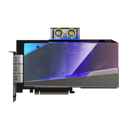 GIGABYTE AORUS GeForce RTX 3080 XTREME WATERFORCE WB 12GB in a direct front view, showcasing the full-coverage water block.