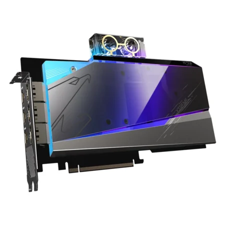 GIGABYTE AORUS GeForce RTX 3080 XTREME WATERFORCE WB 12GB at an angle, displaying the water block and PCIe connector.