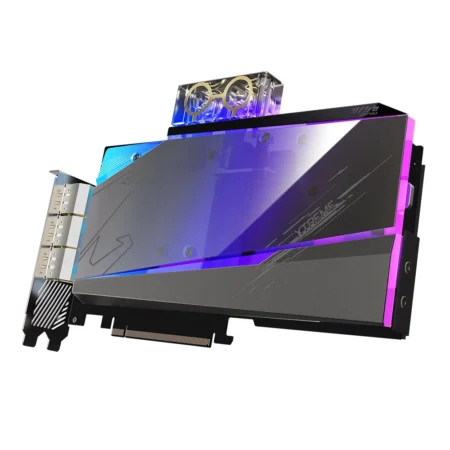 GIGABYTE AORUS GeForce RTX 3080 XTREME WATERFORCE WB 12GB in a front-facing shot displaying the water block shroud and PCIe interface.