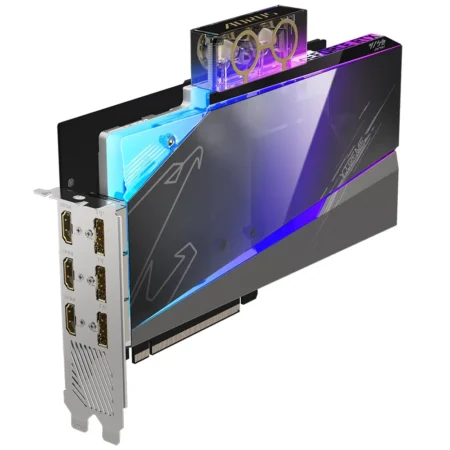 GIGABYTE AORUS GeForce RTX 3080 XTREME WATERFORCE WB 12GB from a different rear angle, highlighting the extensive display outputs.