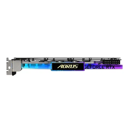 GIGABYTE AORUS GeForce RTX 3080 XTREME WATERFORCE WB 12GB lying down, displaying the AORUS logo on the side of the water block.