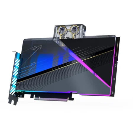 GIGABYTE AORUS GeForce RTX 4080 XTREME WATERFORCE WB 16GB at an angle, displaying the water block and PCIe connector.