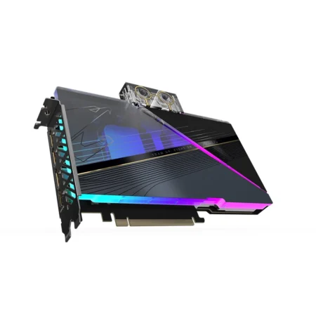 GIGABYTE AORUS GeForce RTX 4080 XTREME WATERFORCE WB 16GB angled from the rear to showcase the water block and the display output ports.