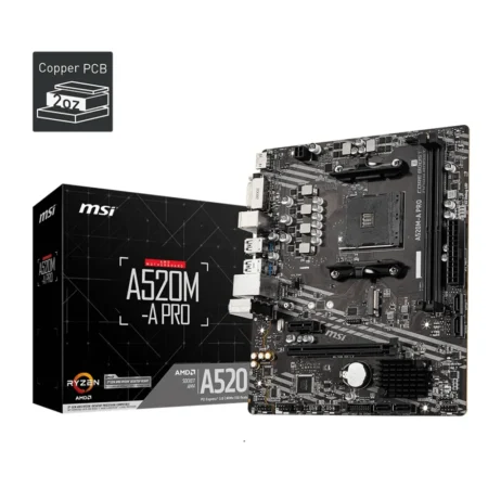 MSI A520M-A PRO Motherboard displayed with its Official PRO Series Packaging