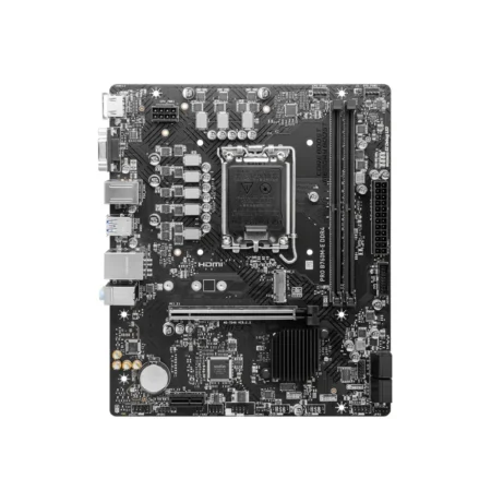 Top-down view of the MSI PRO B760M-E Micro-ATX motherboard, highlighting its clean, business-focused layout.