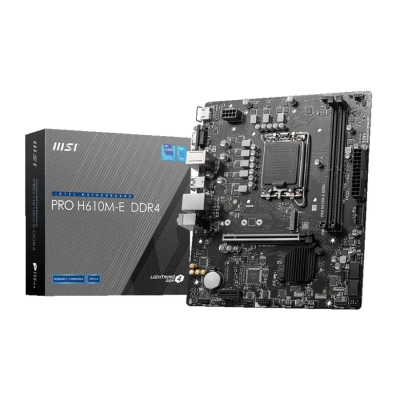 MSI PRO H610M-E DDR4 LGA1700 Micro-ATX Motherboard The MSI PRO H610M-E DDR4 motherboard displayed next to its professional, minimalist retail box.