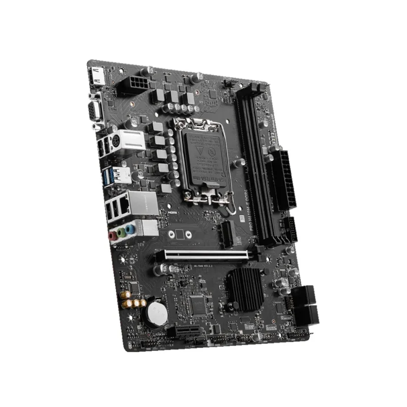 Angled shot of the MSI PRO H610M-E DDR4, showing the LGA 1700 socket and essential component placement.