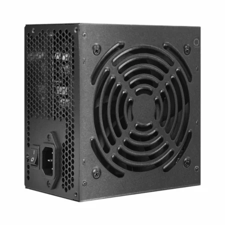 The Antec Atom V650 v2 power supply angled to showcase the fan grill and black casing.