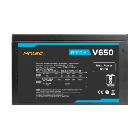 The technical specification label on the Antec Atom V650 v2 650W PSU.