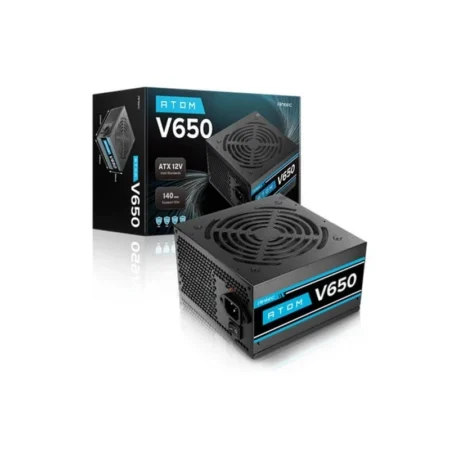 Angled shot of the Antec Atom V650 v2 650W PSU with its retail packaging.