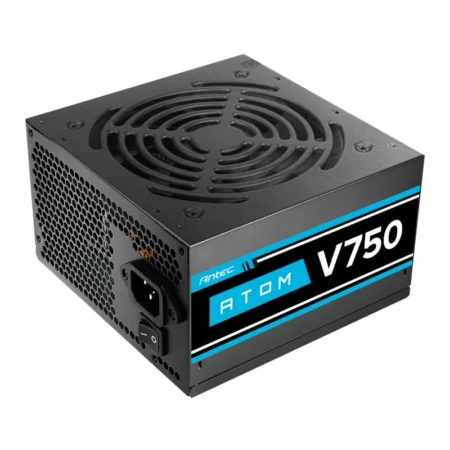 Angled shot of the Antec Atom V750 750W PSU showing power socket and Antec Branding.