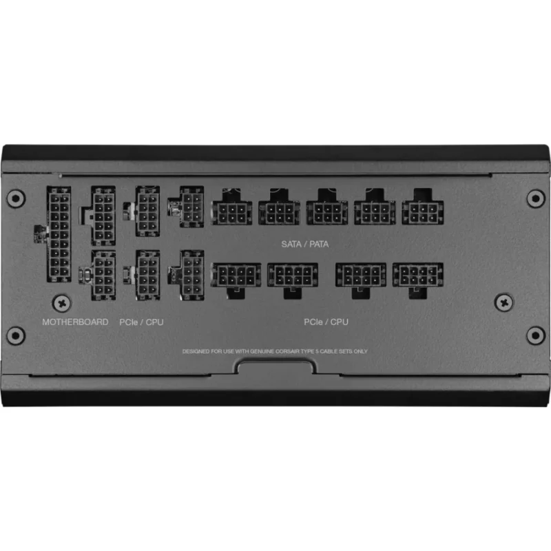 A view of the unique side panel of the Corsair RM1200x SHIFT, showing all modular connections including the 16-pin PCIe 5.0 port.