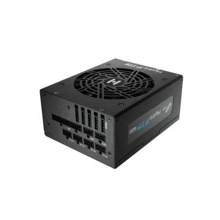 An angled view of the FSP Hydro PTM PRO 1200W showing the fan grille and side view of the modular ports.
