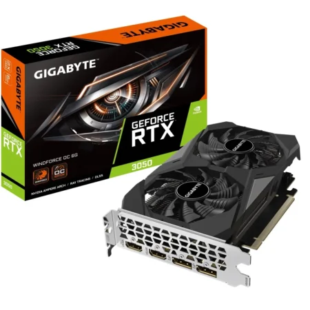GIGABYTE GeForce RTX 3050 WINDFORCE OC 6GB displayed with its complete retail packaging for a feature image.