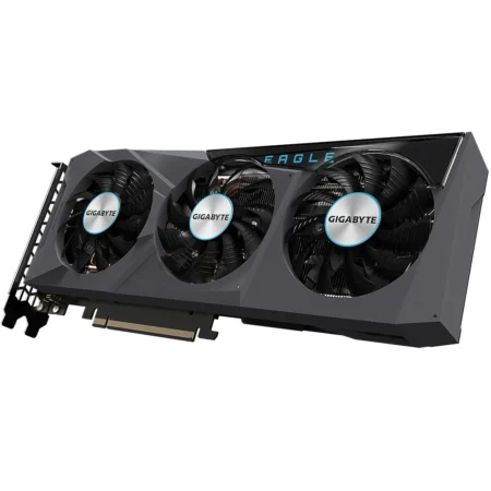 GIGABYTE GeForce RTX 3070 EAGLE 8GB at an angle, displaying the three fans, PCIe connector, and protective metal backplate.