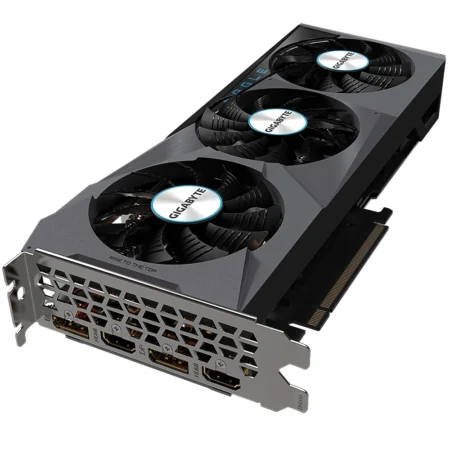 GIGABYTE GeForce RTX 3070 EAGLE 8GB angled from the rear to showcase both the fans and the array of graphic output ports.