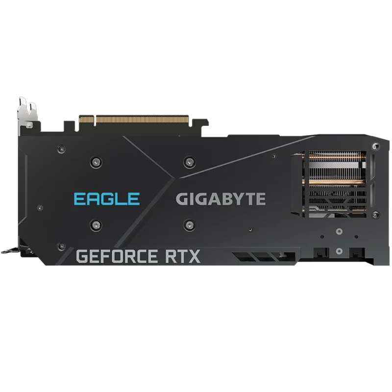 GIGABYTE GeForce RTX 3070 EAGLE 8GB in a straight top-down shot, highlighting the full-length metal backplate with EAGLE branding.
