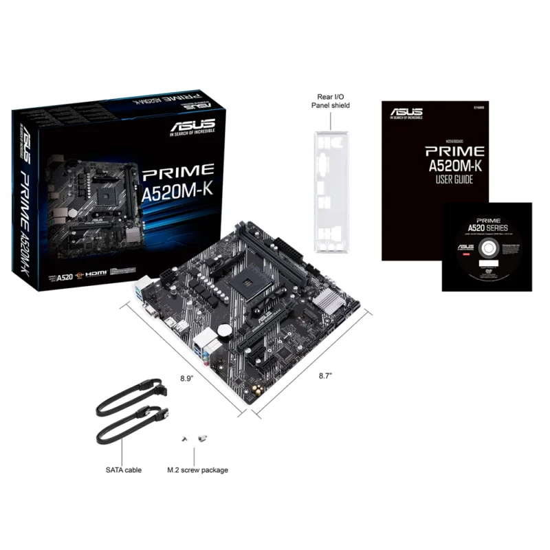 ASUS PRIME A520M-K Micro ATX motherboard for 3rd Gen AMD Ryzen processors, top-down view.