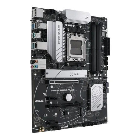 Angled view of the ASUS PRIME B650-PLUS motherboard, highlighting its ATX form factor and connectivity.