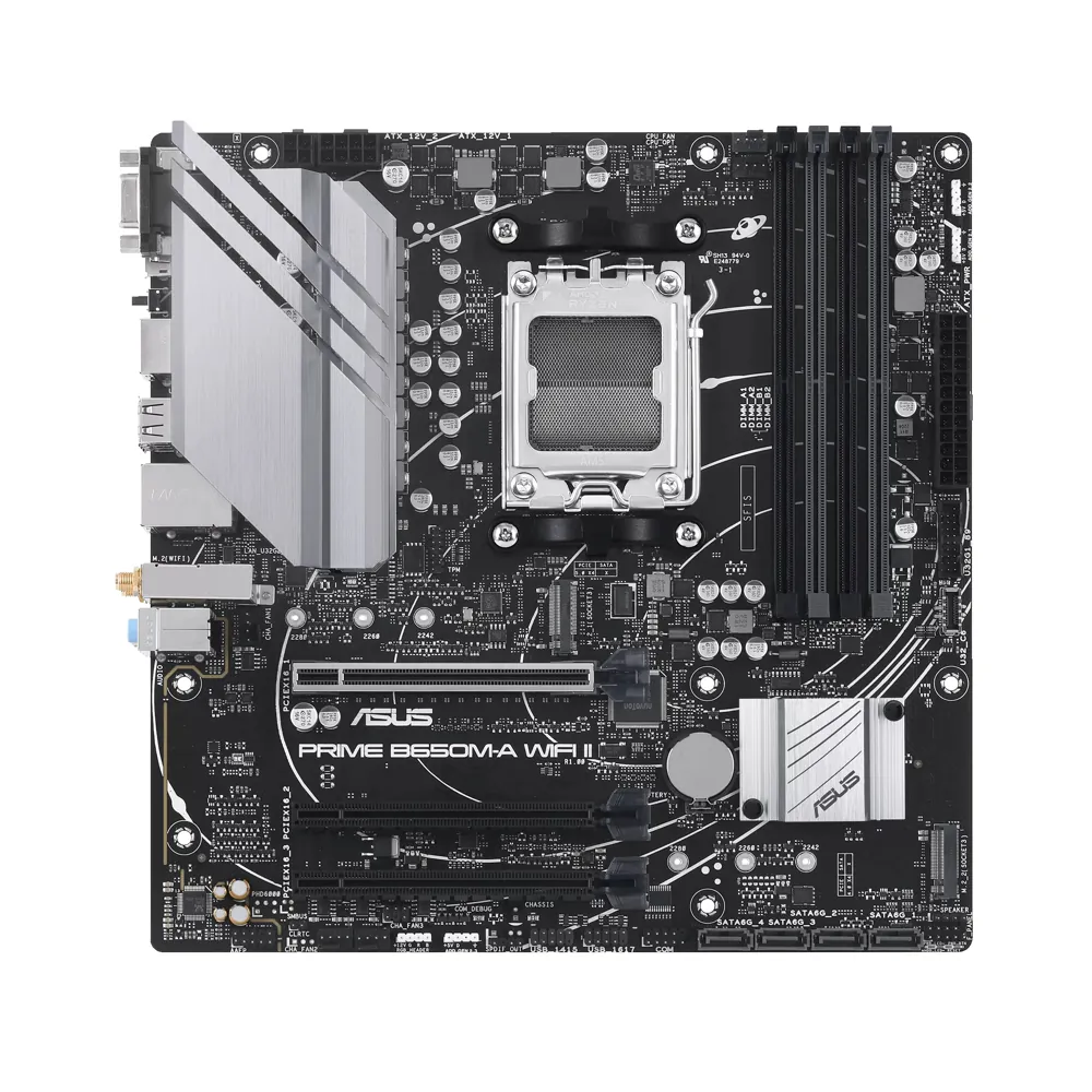 Full view of the ASUS PRIME B650M-A WIFI II motherboard, showcasing its Micro ATX form factor and robust features.
