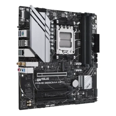 Detailed view of the ASUS PRIME B650M-A WIFI II rear panel, including audio jacks and BIOS FlashBack button.