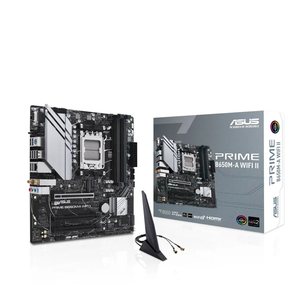 Full view of the ASUS PRIME B650M-A WIFI II motherboard, showcasing its Micro ATX form factor and robust features.