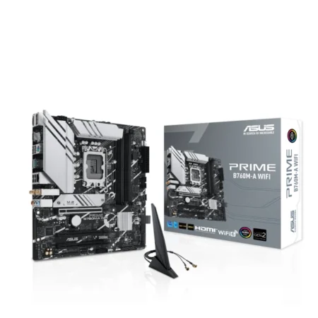 Image of the ASUS PRIME B760M-A WIFI illustrating the robust Intel B760 chipset and LGA1700 socket.