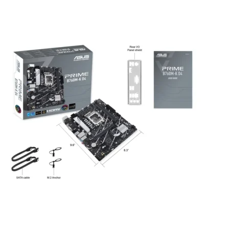 ASUS PRIME B760M-K D4 with its retail box and accessories.