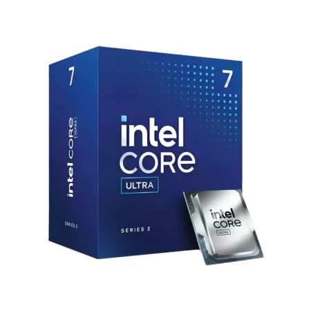 Side view of the Intel Core Ultra 7 265F Desktop Processor box and CPU chip.