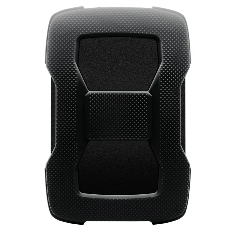 A straight-on view of the back side of the ADATA HD330 1TB external drive, showing the wrap-around silicone case.