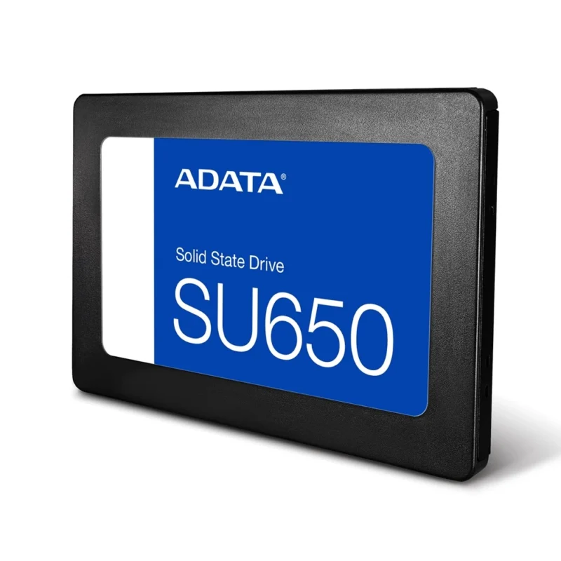 The ADATA Ultimate SU650 240GB internal SSD standing upright on its side, angled to the left.