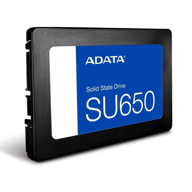 A three-quarter angle view of the ADATA Ultimate SU650 240GB internal SSD, showing the top label and branding.