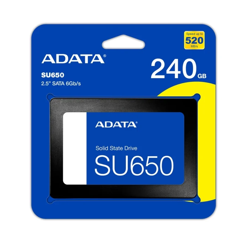 The official retail box for the ADATA Ultimate SU650 240GB internal solid state drive.