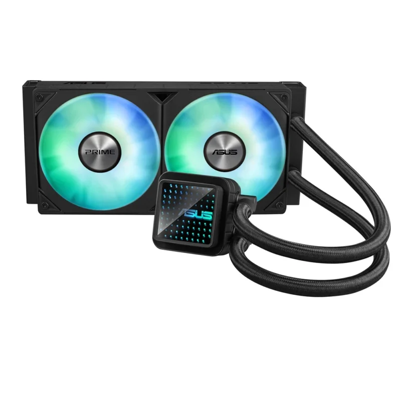 Front view of the ASUS Prime LC 240 ARGB AIO liquid cooler with the pump head centered in front of the 240mm radiator and fans.