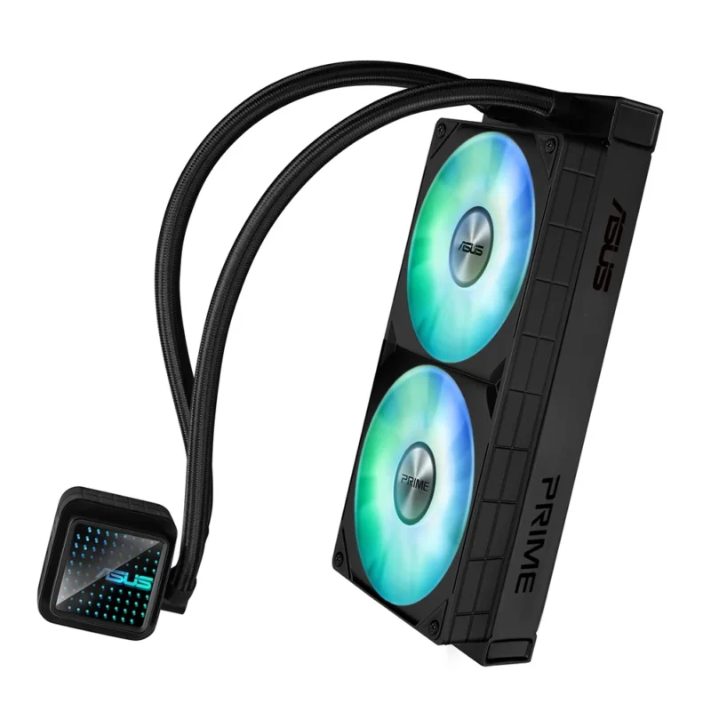 Dynamic shot of the ASUS Prime LC 240 ARGB with the radiator leaning to the right, showing side branding and the pump head angled to the left.