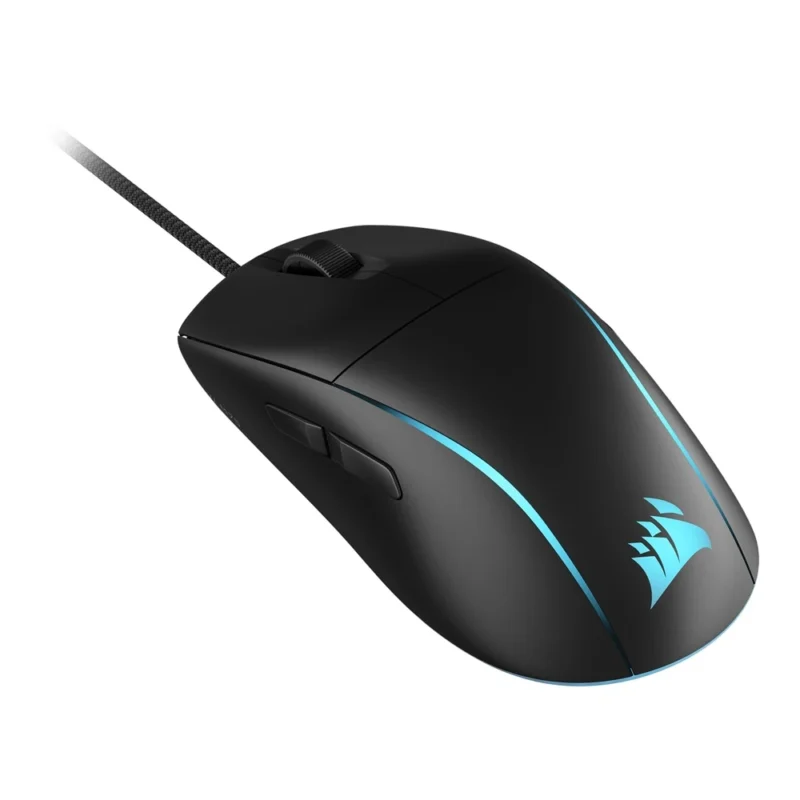 Hero shot of the CORSAIR M75 positioned to the right, providing a clear view of the swappable magnetic thumb buttons.