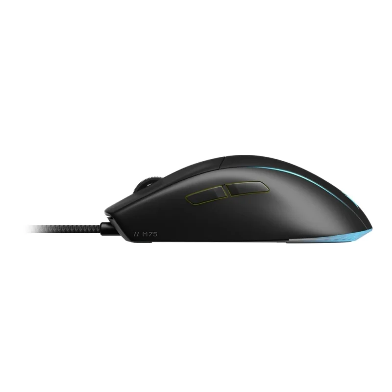 A straight-on view of the left side of the CORSAIR M75, detailing the placement of the programmable side buttons.