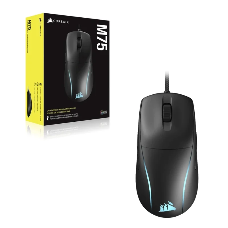 The official retail box for the CORSAIR M75 lightweight gaming mouse, showcasing its key features and branding.