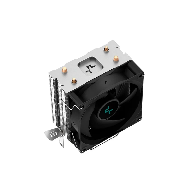 Top-down view of the DeepCool AG200 air cooler, showcasing the design of the top fin and exposed heat pipe caps.