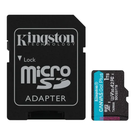 A straight top-down shot of the Kingston Canvas Go! Plus 1TB, clearly displaying the V30, U3, and A2 speed class ratings.