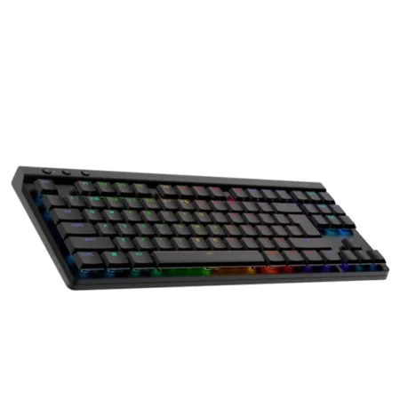 Hero shot of the Logitech G515 LIGHTSPEED TKL positioned to the right, providing a clear view of the left side profile.