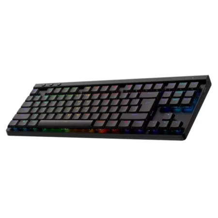 Hero shot of the Logitech G515 LIGHTSPEED TKL positioned to the left, showcasing its right side profile and sleek design.