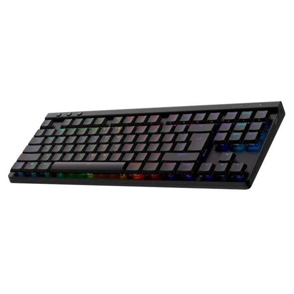 Hero shot of the Logitech G515 LIGHTSPEED TKL positioned to the left, showcasing its right side profile and sleek design.
