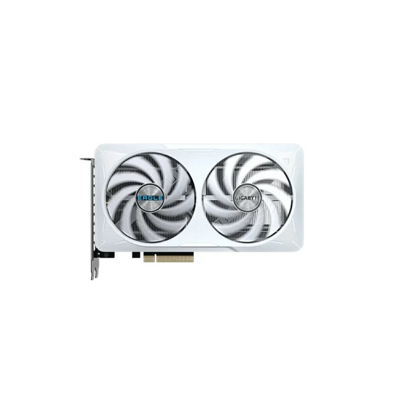 GIGABYTE GeForce RTX 5060 EAGLE OC ICE 8GB in a direct front view, showcasing the dual Hawk Fan cooler in a white and silver finish.