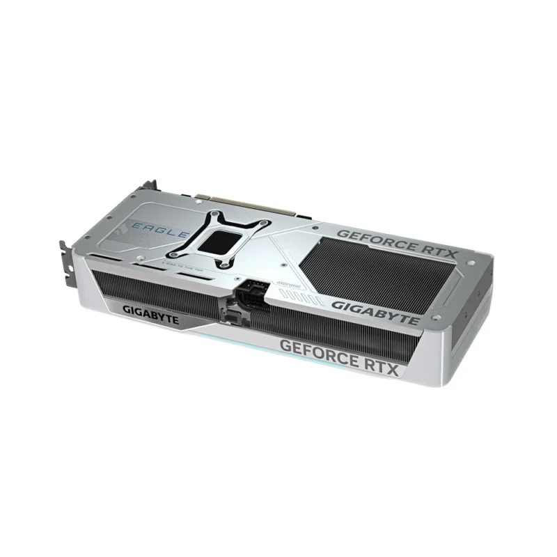 GIGABYTE GeForce RTX 5070 EAGLE OC ICE SFF 12GB angled to focus on the reinforcing backplate.