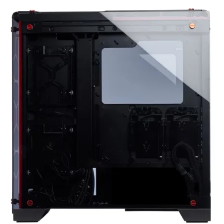 Direct side view of the CORSAIR Crystal 570X RGB with the cable management panel removed, revealing the cable routing channels.