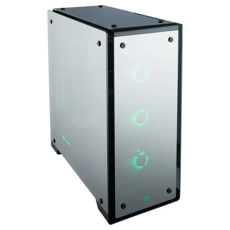 Another front angle view of the CORSAIR Crystal 570X RGB Mirror in Black, at a sharper angle.