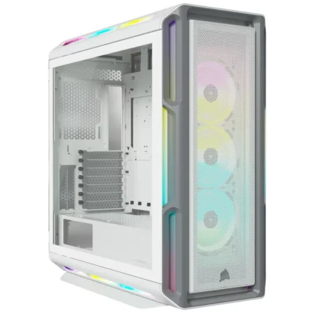 A hero shot of the white CORSAIR iCUE 5000T RGB Mid Tower PC Case on a clean background.